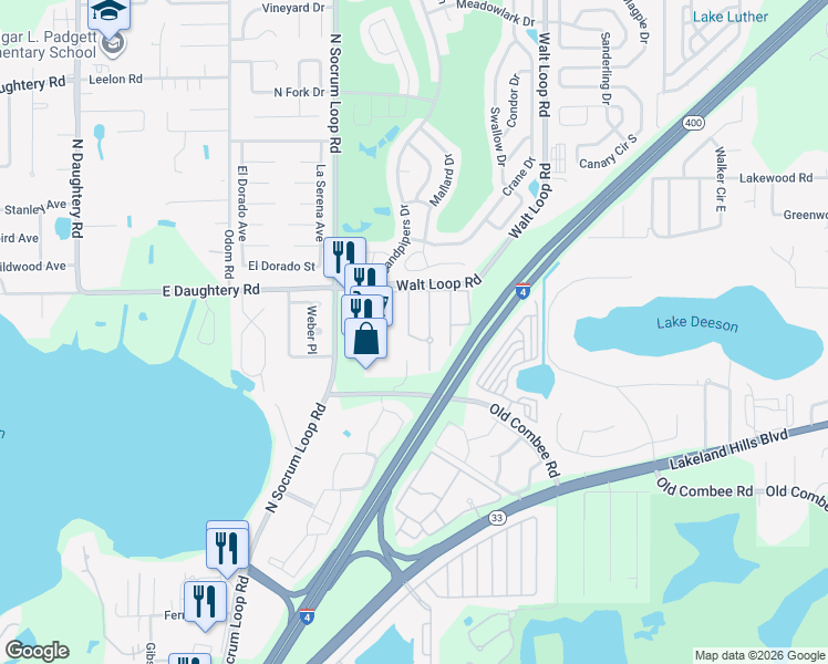map of restaurants, bars, coffee shops, grocery stores, and more near 5405 Limestone Lane in Lakeland