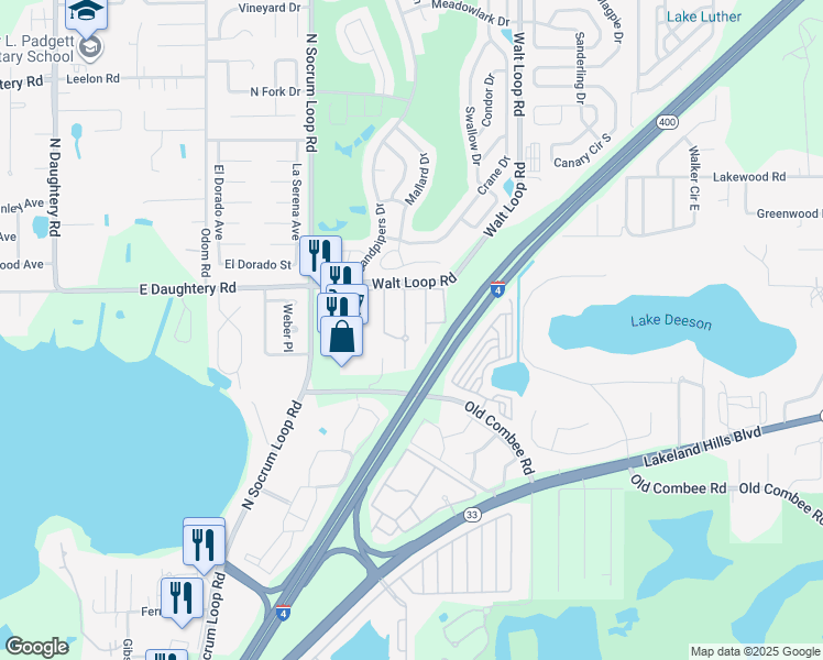 map of restaurants, bars, coffee shops, grocery stores, and more near 5381 River Rock Road in Lakeland