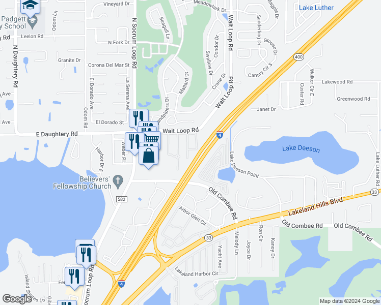map of restaurants, bars, coffee shops, grocery stores, and more near 5431 Quarry Rock Road in Lakeland