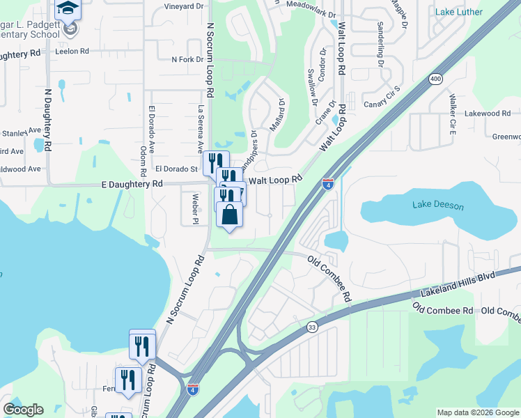 map of restaurants, bars, coffee shops, grocery stores, and more near 5453 Limestone Lane in Lakeland