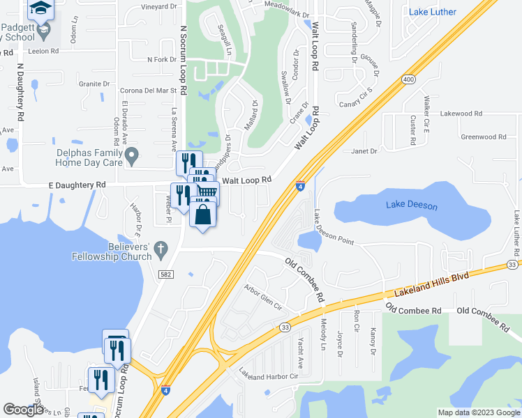 map of restaurants, bars, coffee shops, grocery stores, and more near 5389 Quarry Rock Road in Lakeland