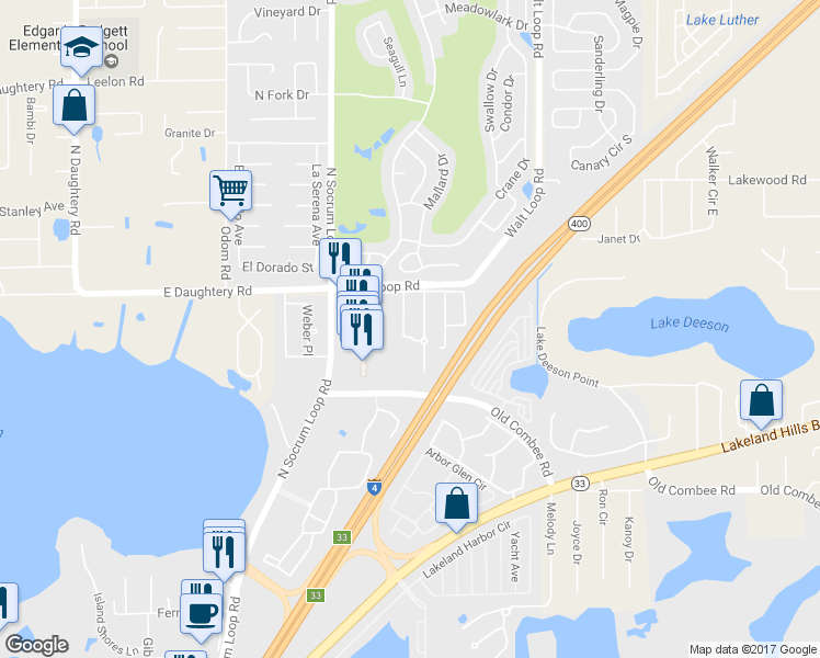 map of restaurants, bars, coffee shops, grocery stores, and more near 5413 Limestone Lane in Lakeland