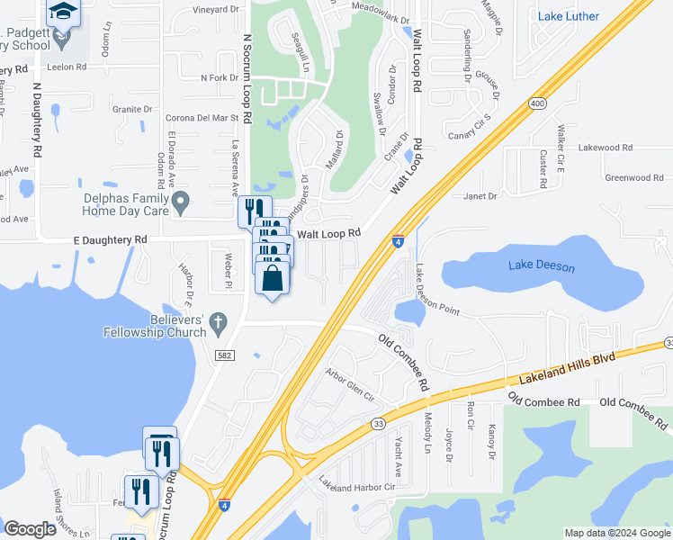 map of restaurants, bars, coffee shops, grocery stores, and more near 5386 Quarry Rock Road in Lakeland