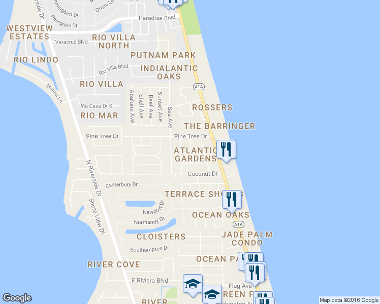 map of restaurants, bars, coffee shops, grocery stores, and more near 256 Brian Drive in Indialantic