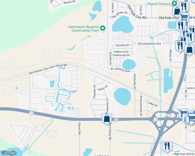 map of restaurants, bars, coffee shops, grocery stores, and more near 982 Chanler Drive in Haines City