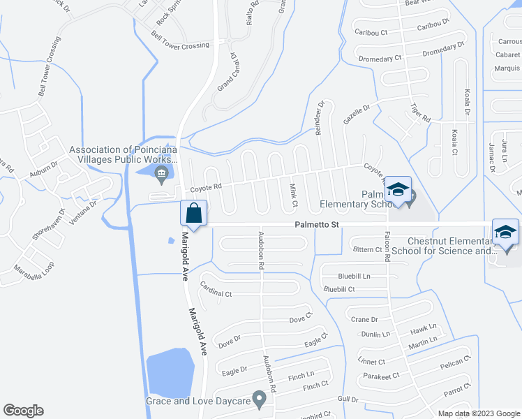 map of restaurants, bars, coffee shops, grocery stores, and more near 725 Leopard Court in Kissimmee