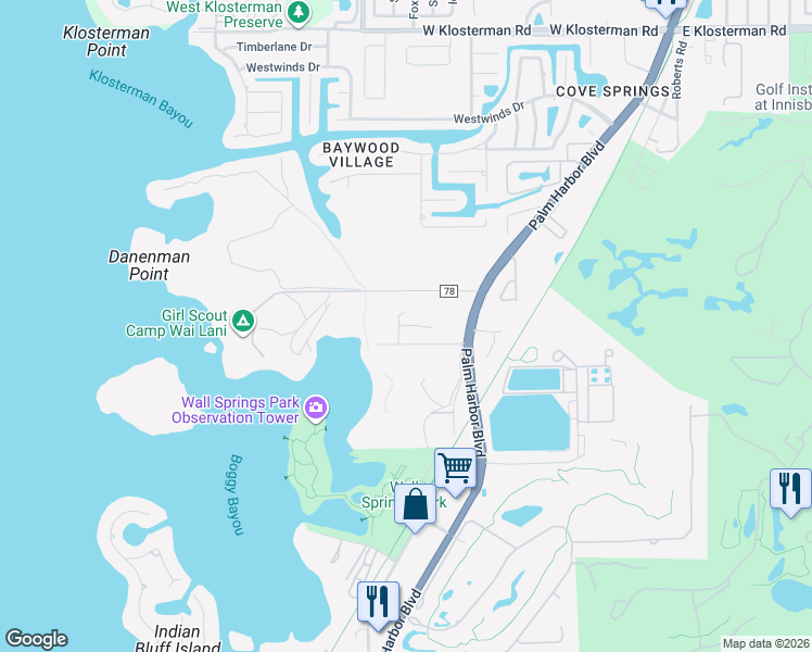 map of restaurants, bars, coffee shops, grocery stores, and more near 801 Willard Street in Palm Harbor
