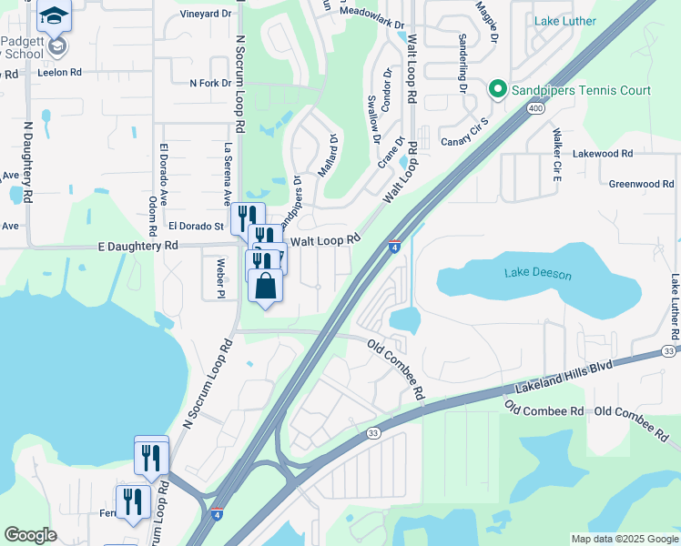 map of restaurants, bars, coffee shops, grocery stores, and more near 5431 Quarry Rock Road in Lakeland