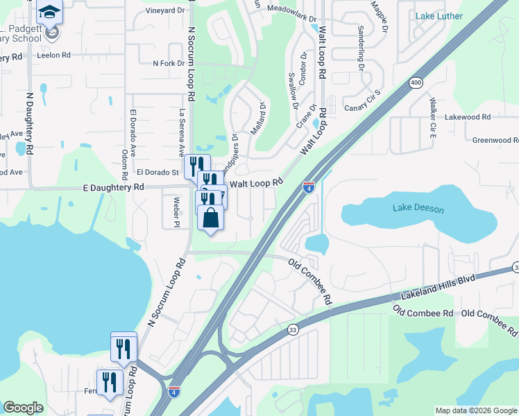 map of restaurants, bars, coffee shops, grocery stores, and more near 5417 Quarry Rock Road in Lakeland