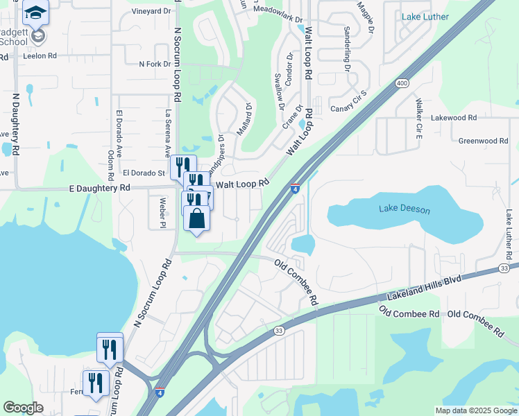map of restaurants, bars, coffee shops, grocery stores, and more near 5406 Fieldstone Drive in Lakeland