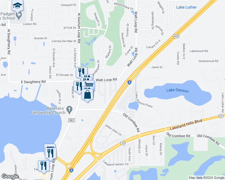 map of restaurants, bars, coffee shops, grocery stores, and more near 5403 Quarry Rock Road in Lakeland