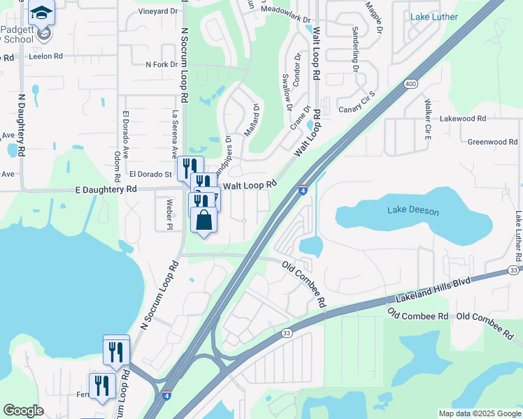 map of restaurants, bars, coffee shops, grocery stores, and more near 5431 Quarry Rock Road in Lakeland