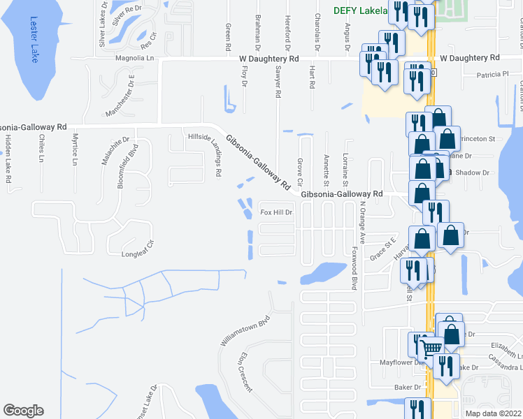 map of restaurants, bars, coffee shops, grocery stores, and more near 1741 Fox Hill Drive in Lakeland