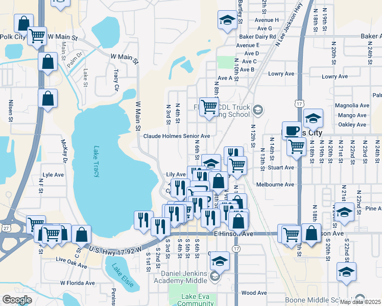 map of restaurants, bars, coffee shops, grocery stores, and more near 408 North 6th Street in Haines City