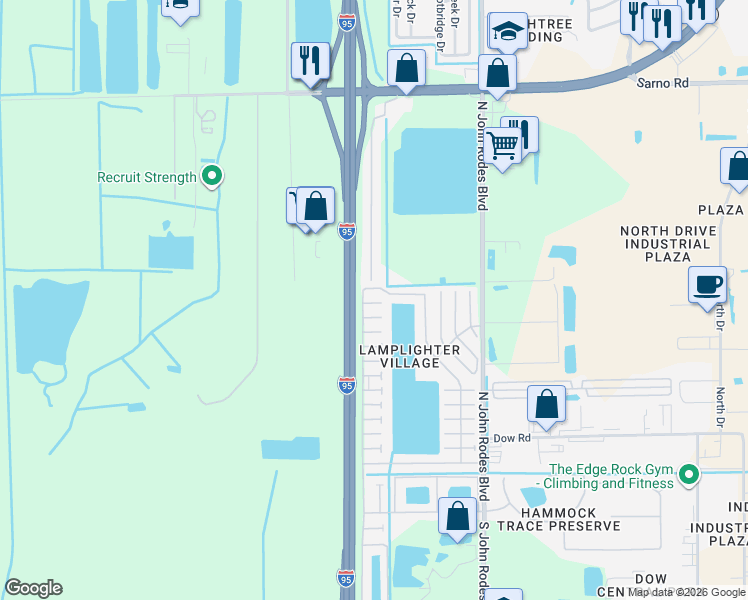 map of restaurants, bars, coffee shops, grocery stores, and more near 121 Lamplighter Drive in Melbourne