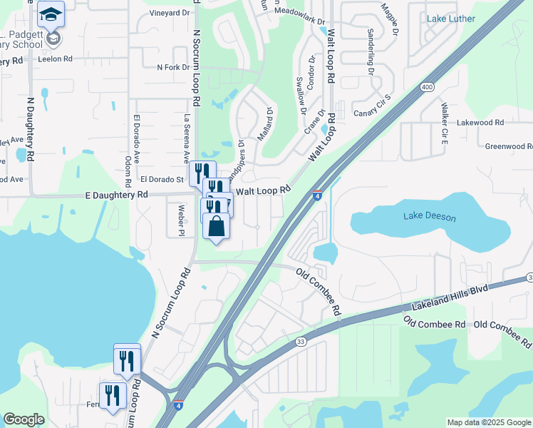 map of restaurants, bars, coffee shops, grocery stores, and more near 5431 Quarry Rock Road in Lakeland