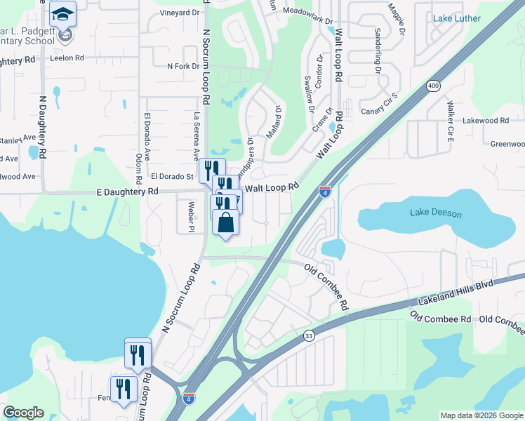 map of restaurants, bars, coffee shops, grocery stores, and more near 5453 Limestone Lane in Lakeland
