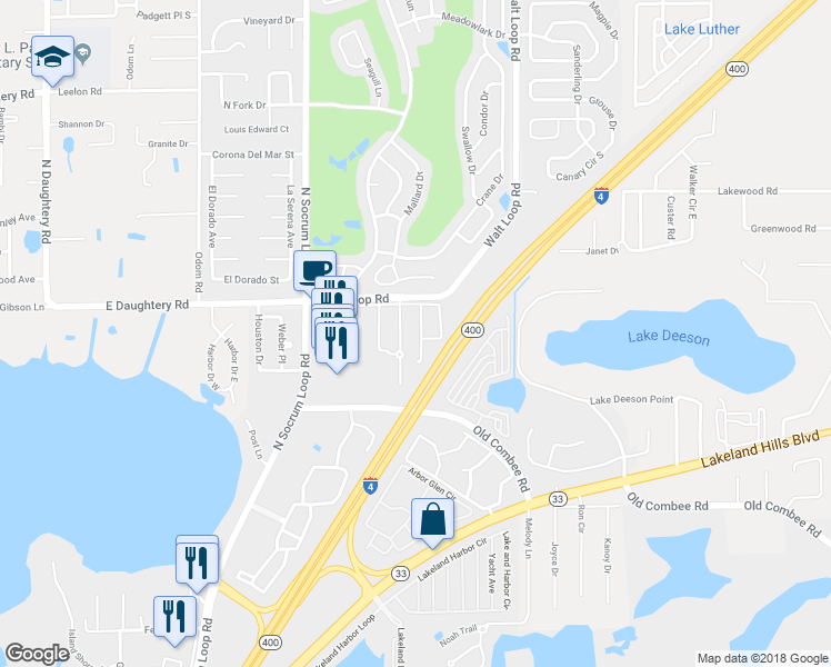map of restaurants, bars, coffee shops, grocery stores, and more near 5412 Quarry Rock Road in Lakeland