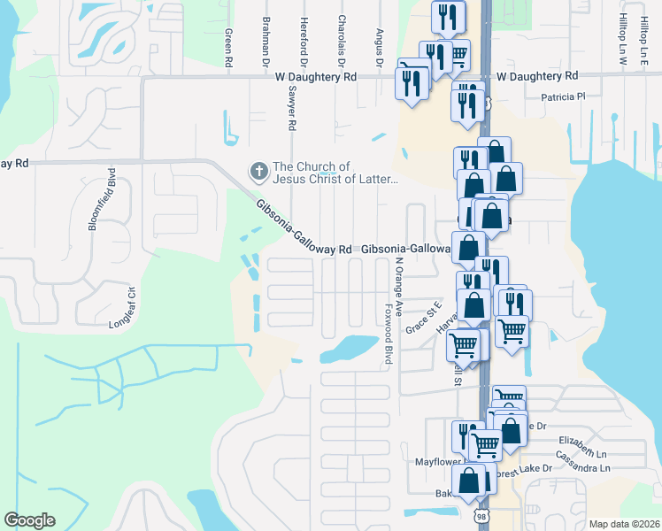 map of restaurants, bars, coffee shops, grocery stores, and more near 5049 Forest Crest Drive in Lakeland