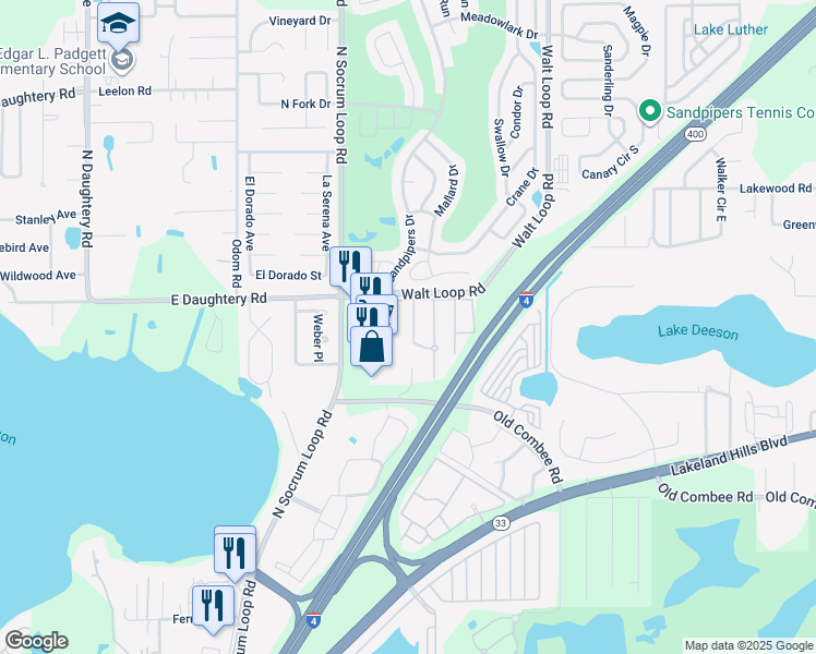 map of restaurants, bars, coffee shops, grocery stores, and more near 5438 Limestone Lane in Lakeland