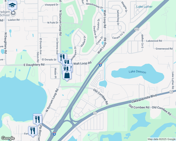 map of restaurants, bars, coffee shops, grocery stores, and more near 5414 Fieldstone Drive in Lakeland
