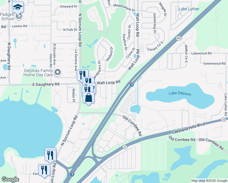 map of restaurants, bars, coffee shops, grocery stores, and more near 5417 Quarry Rock Road in Lakeland