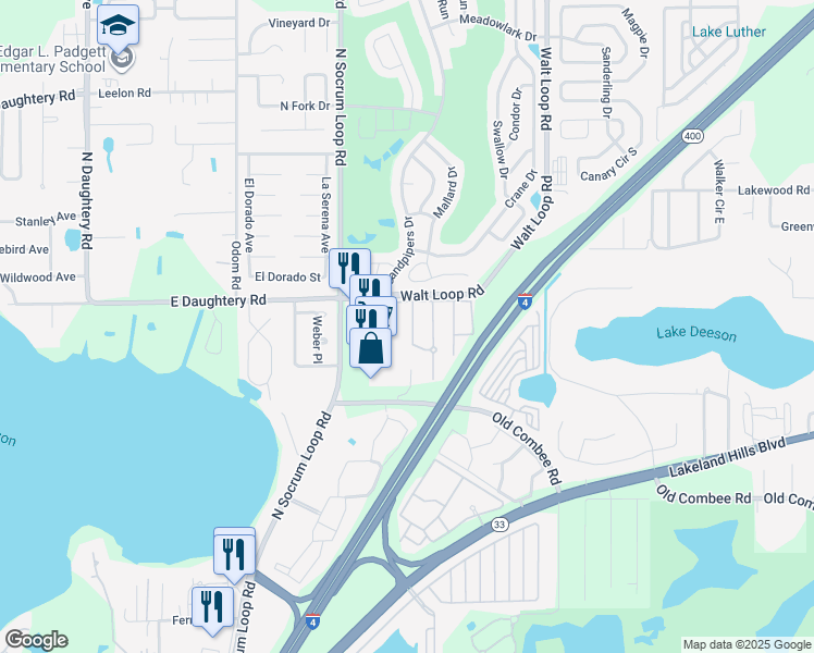 map of restaurants, bars, coffee shops, grocery stores, and more near 5440 Limestone Lane in Lakeland