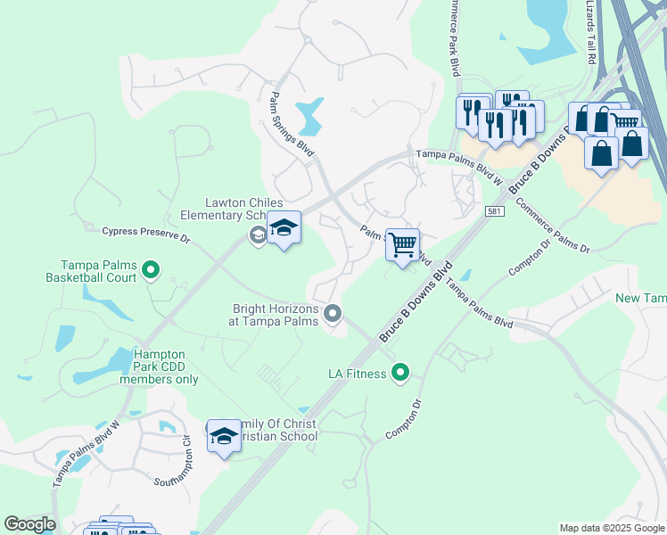 map of restaurants, bars, coffee shops, grocery stores, and more near 5125 Palm Springs Boulevard in Tampa