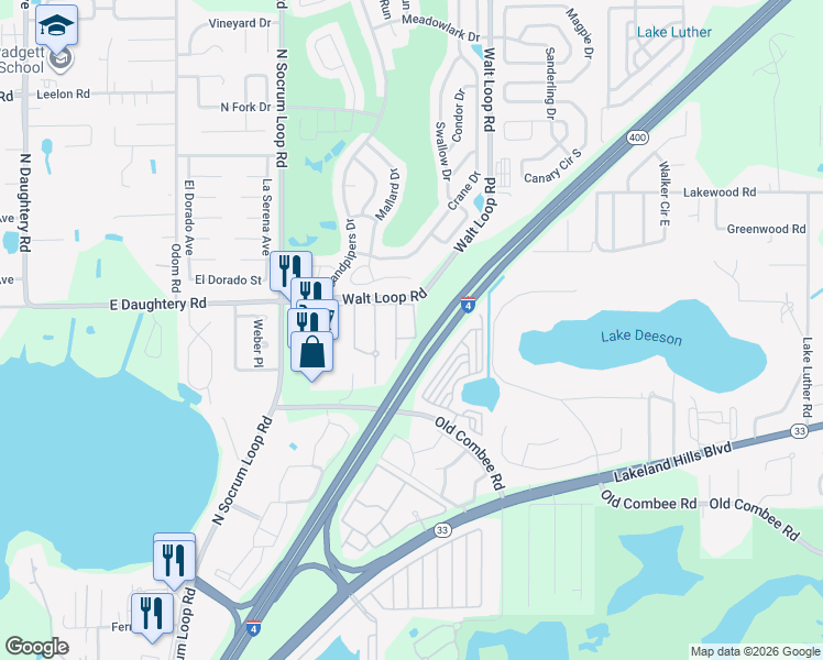 map of restaurants, bars, coffee shops, grocery stores, and more near 5416 Fieldstone Drive in Lakeland