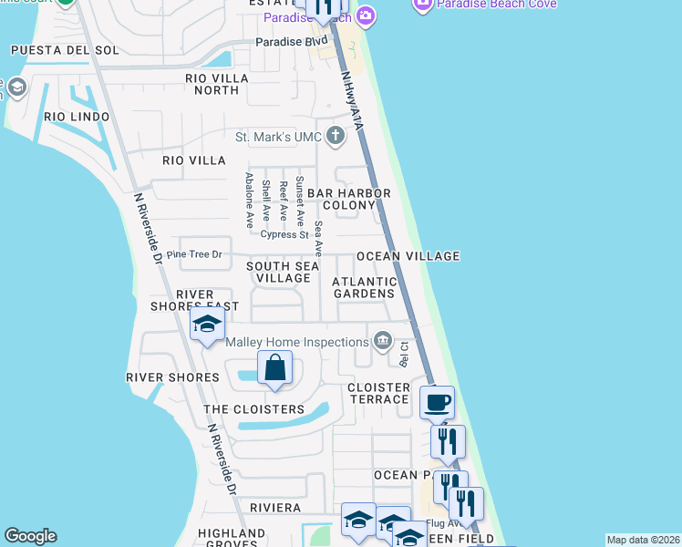 map of restaurants, bars, coffee shops, grocery stores, and more near 2120 Plumosa Way in Indialantic