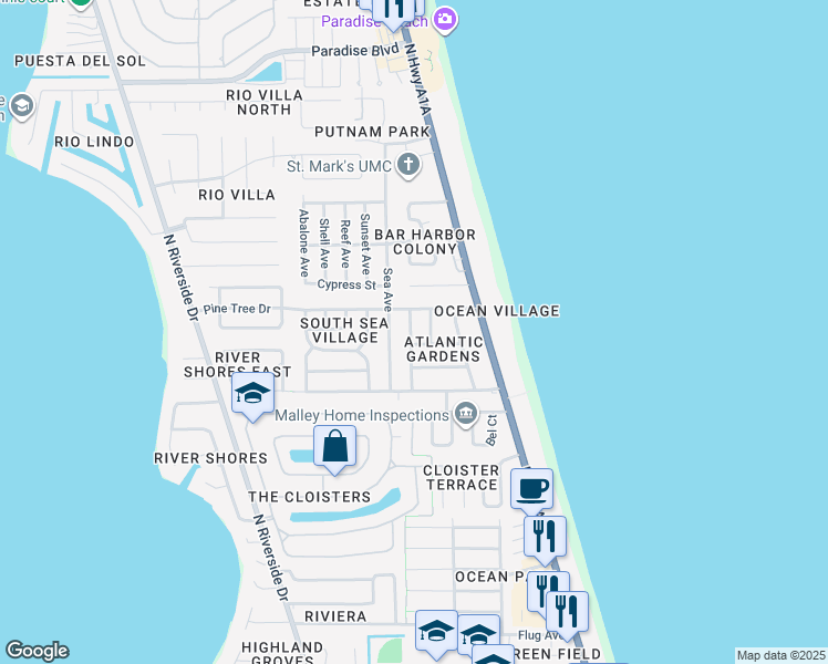 map of restaurants, bars, coffee shops, grocery stores, and more near 2120 Plumosa Way in Indialantic