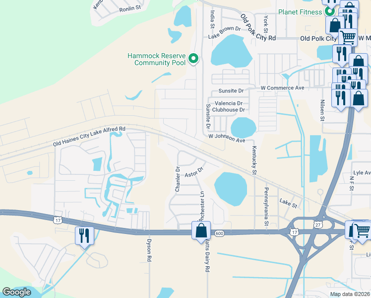 map of restaurants, bars, coffee shops, grocery stores, and more near 982 Chanler Drive in Haines City