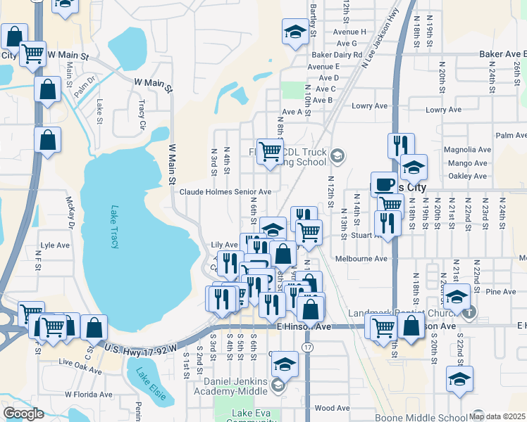 map of restaurants, bars, coffee shops, grocery stores, and more near 409 North 7th Street in Haines City