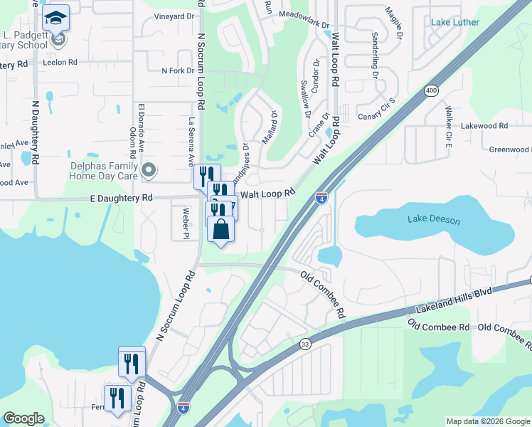 map of restaurants, bars, coffee shops, grocery stores, and more near 5417 Quarry Rock Road in Lakeland