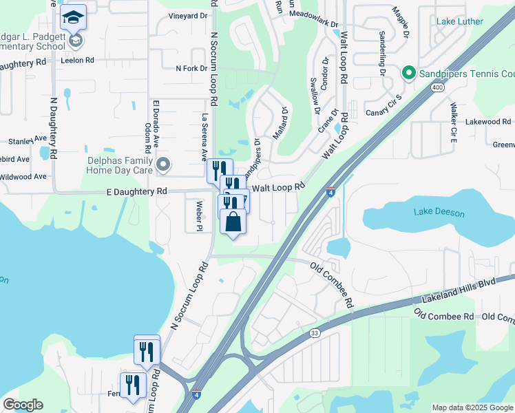 map of restaurants, bars, coffee shops, grocery stores, and more near 5453 Limestone Lane in Lakeland