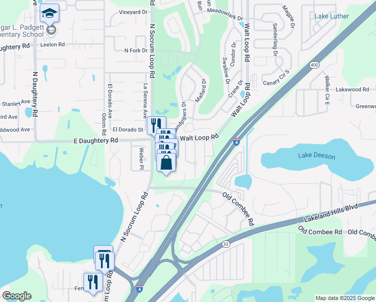 map of restaurants, bars, coffee shops, grocery stores, and more near 5453 Limestone Lane in Lakeland