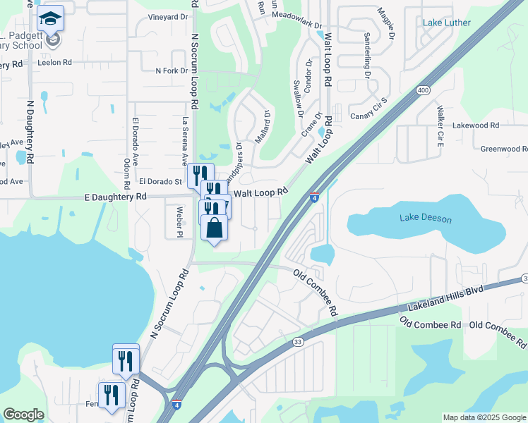 map of restaurants, bars, coffee shops, grocery stores, and more near 5430 Quarry Rock Road in Lakeland