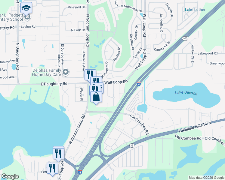 map of restaurants, bars, coffee shops, grocery stores, and more near 5453 Limestone Lane in Lakeland