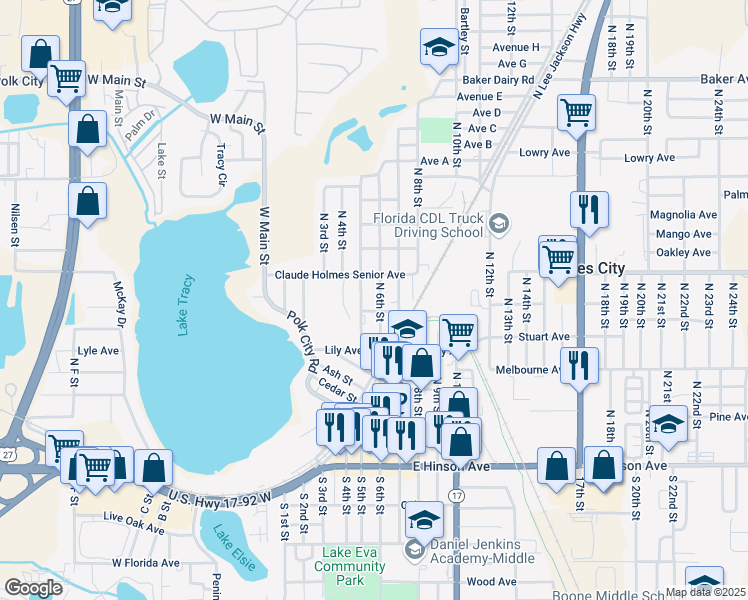 map of restaurants, bars, coffee shops, grocery stores, and more near 408 North 6th Street in Haines City