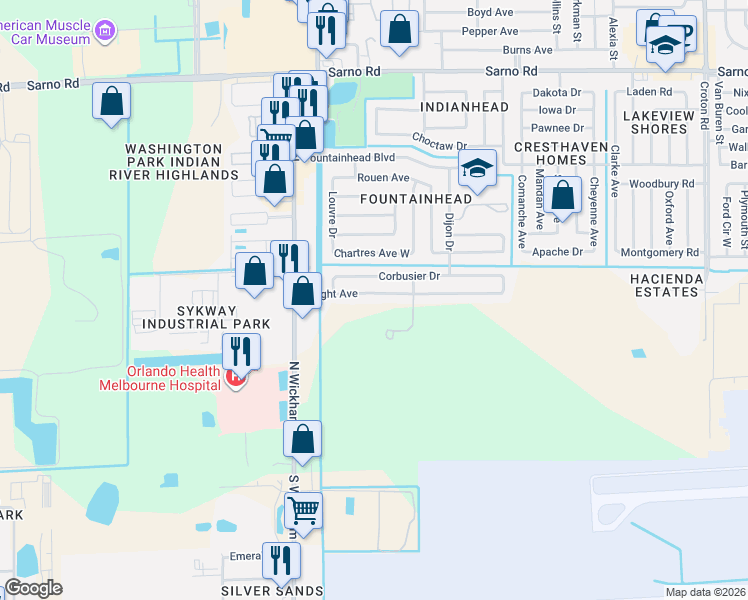 map of restaurants, bars, coffee shops, grocery stores, and more near 2823 Wright Avenue in Melbourne