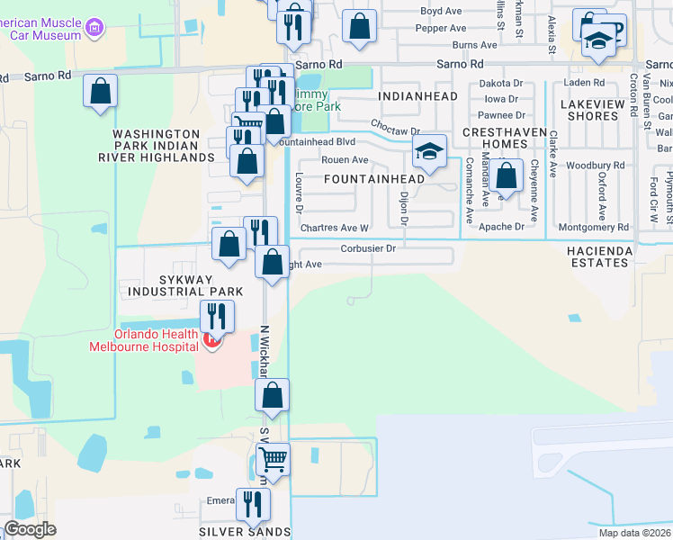 map of restaurants, bars, coffee shops, grocery stores, and more near 2785 Wright Avenue in Melbourne
