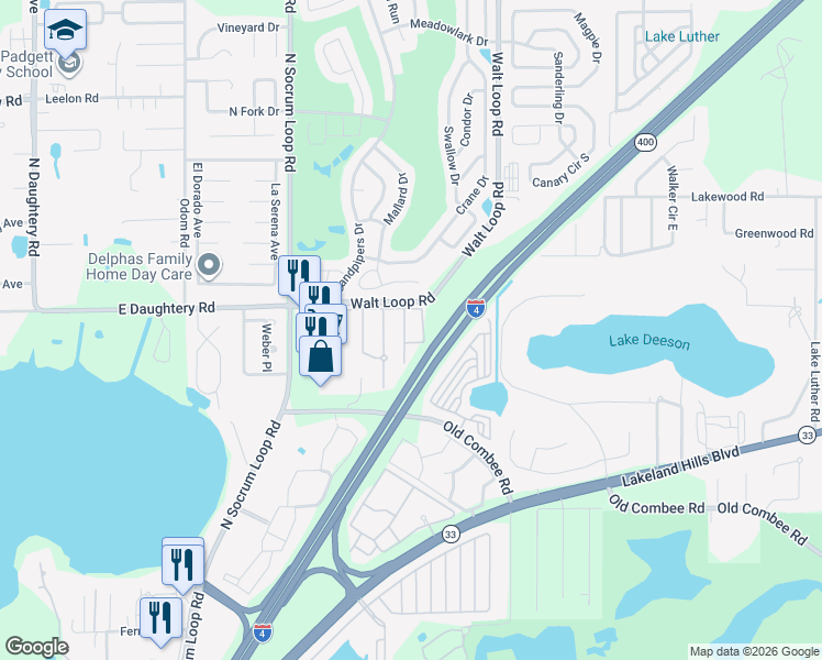 map of restaurants, bars, coffee shops, grocery stores, and more near 5417 Quarry Rock Road in Lakeland