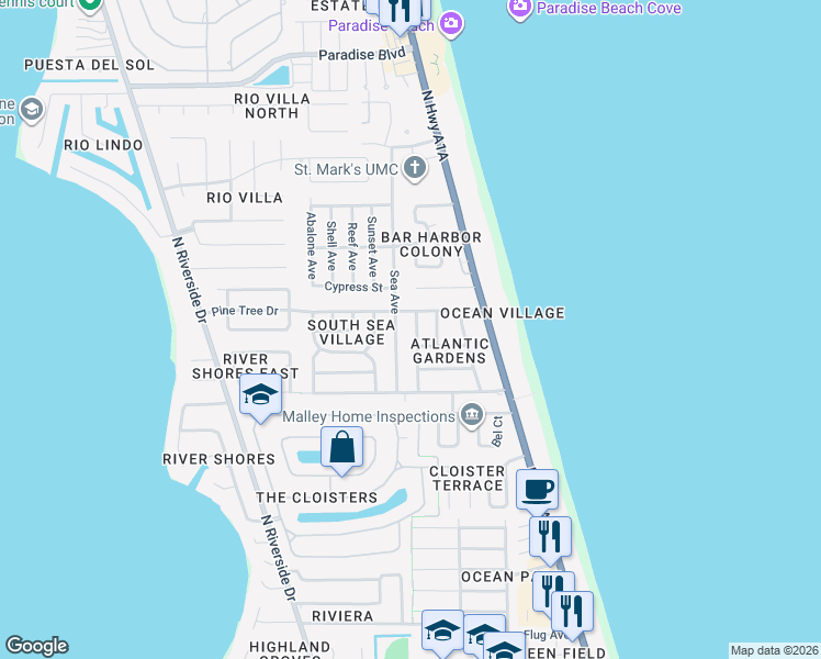 map of restaurants, bars, coffee shops, grocery stores, and more near 2145 Plumosa Way in Indialantic
