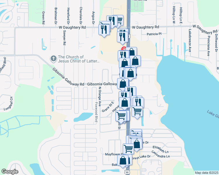 map of restaurants, bars, coffee shops, grocery stores, and more near 1327 Shirley Drive in Lakeland