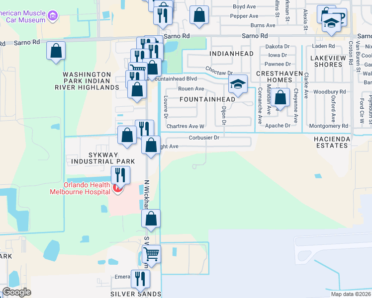map of restaurants, bars, coffee shops, grocery stores, and more near 2823 Wright Avenue in Melbourne
