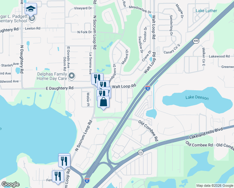 map of restaurants, bars, coffee shops, grocery stores, and more near 5457 Limestone Lane in Lakeland