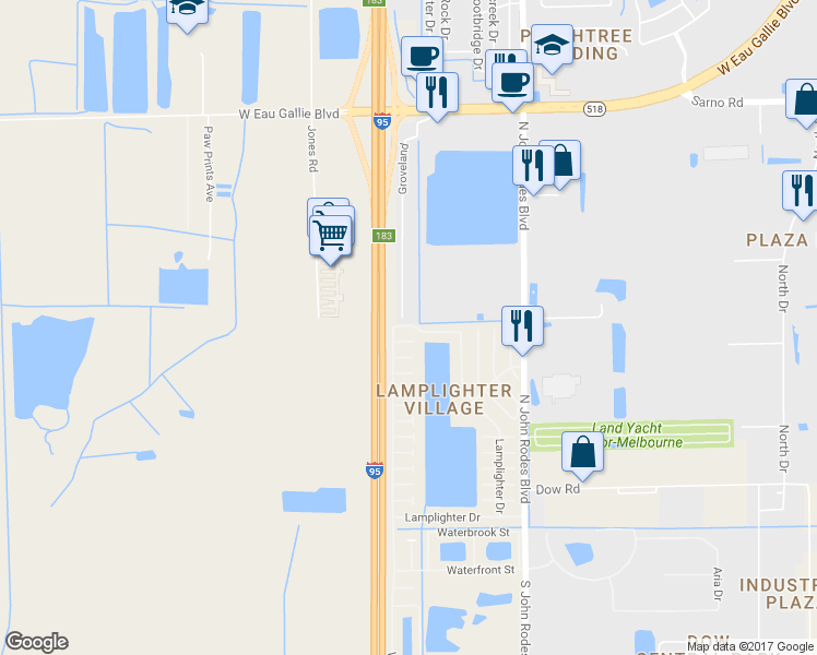 map of restaurants, bars, coffee shops, grocery stores, and more near 121 Lamplighter Drive in Melbourne