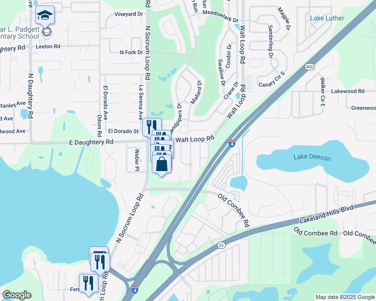 map of restaurants, bars, coffee shops, grocery stores, and more near 5438 River Rock Road in Lakeland
