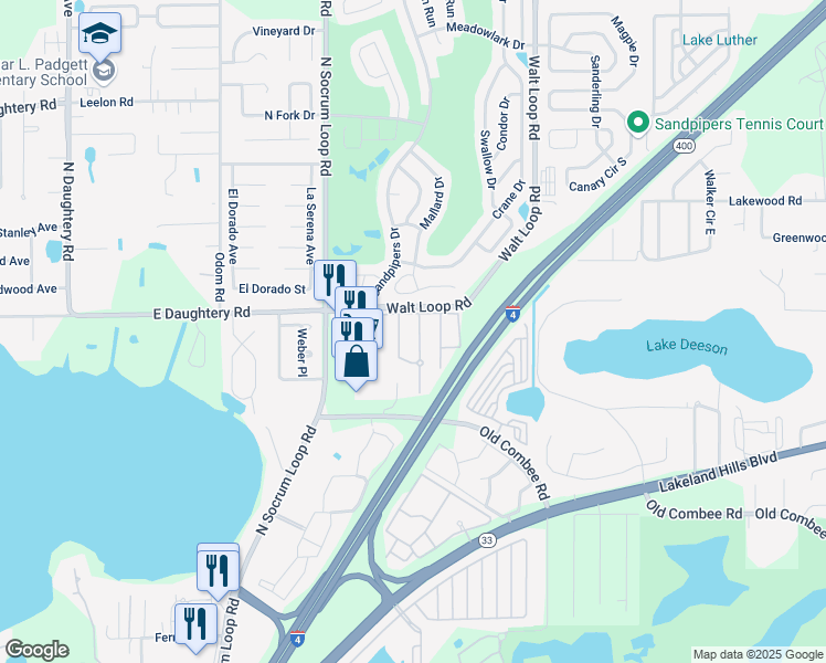 map of restaurants, bars, coffee shops, grocery stores, and more near 5453 Limestone Lane in Lakeland