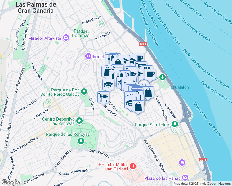 map of restaurants, bars, coffee shops, grocery stores, and more near 5 Calle Curva in Las Palmas de Gran Canaria